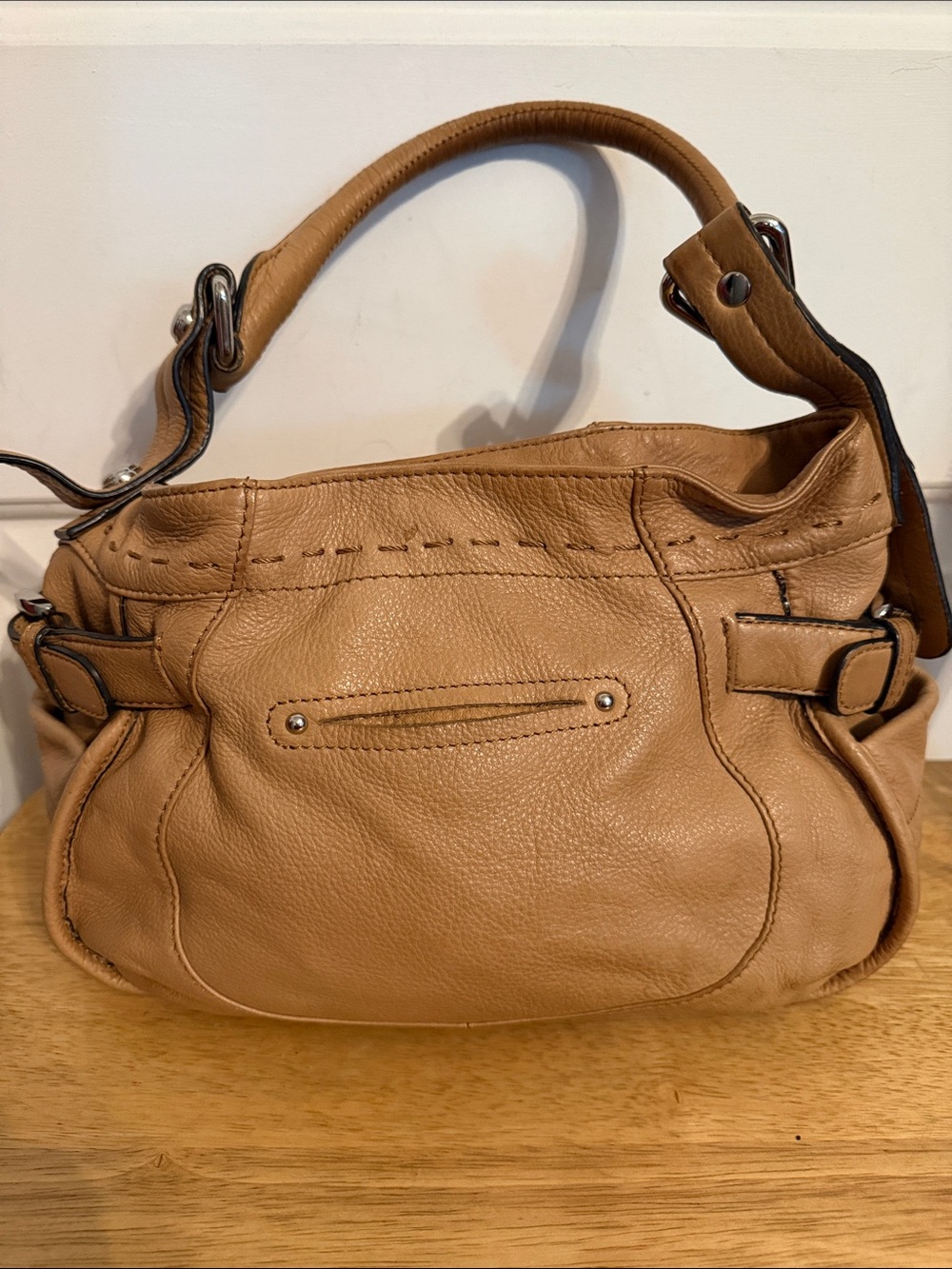 b. makowsky Tan Leather Shoulder Bag with Silver Hardware - Picture 3 of 13